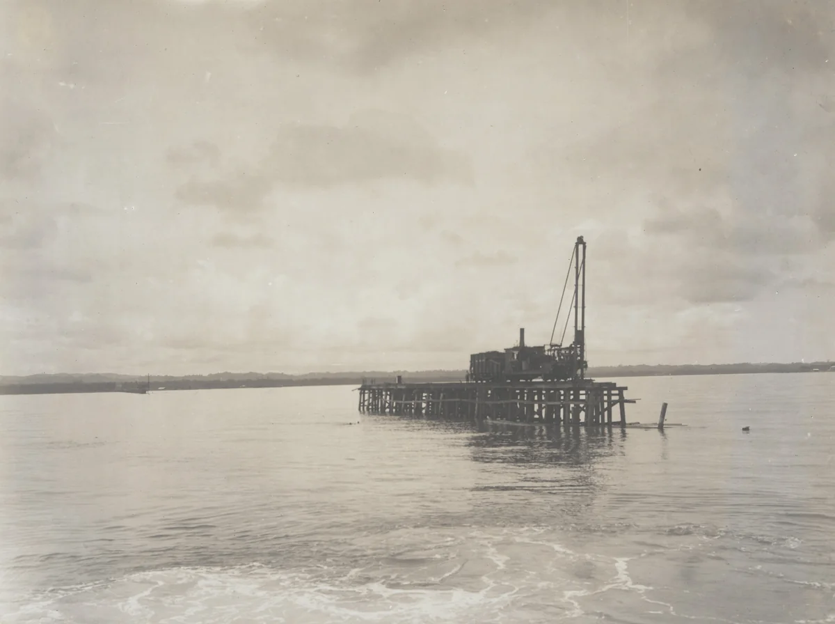 East Breakwater, Limon Bay. Reconstruction of Trestle. U.S. Piledriver No. 101 driving Bent no. 380. Station 3 + 10 "C" (6,000 ft. from shore). Looking east by Unidentified Photographer, photograph, 1915
