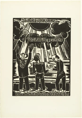 Thy kingdom come / Thy will be done / on earth as it is in heaven (Dein Reich komme / Dein Wille geschehe / Wie im Himmel also auch auf Erden) from The Lord's Prayer (Das Vater Unser) by Max Pechstein, print, 1921