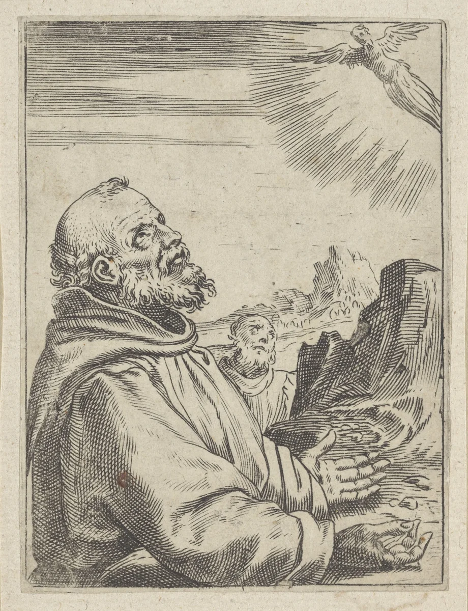 De heilige Franciscus ontvangt de stigmata by Agostino Carracci, print, 1567-1602