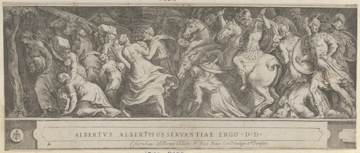 The Triumph of Two Roman Emperors (left-hand side) with soldiers on horseback and men, women, and children fleeing by Cherubino Alberti, print, 1570-1615
