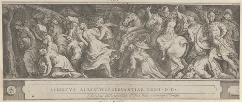The Triumph of Two Roman Emperors (left-hand side) with soldiers on horseback and men, women, and children fleeing by Cherubino Alberti, print, 1570-1615