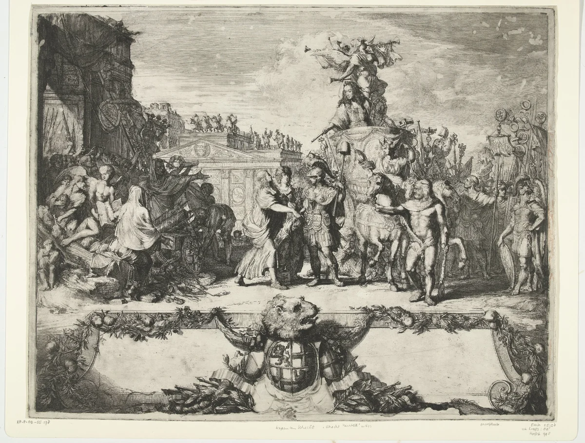Allegorie op het herstel van Utrecht, 1673 by Romeyn de Hooghe, print, 1674