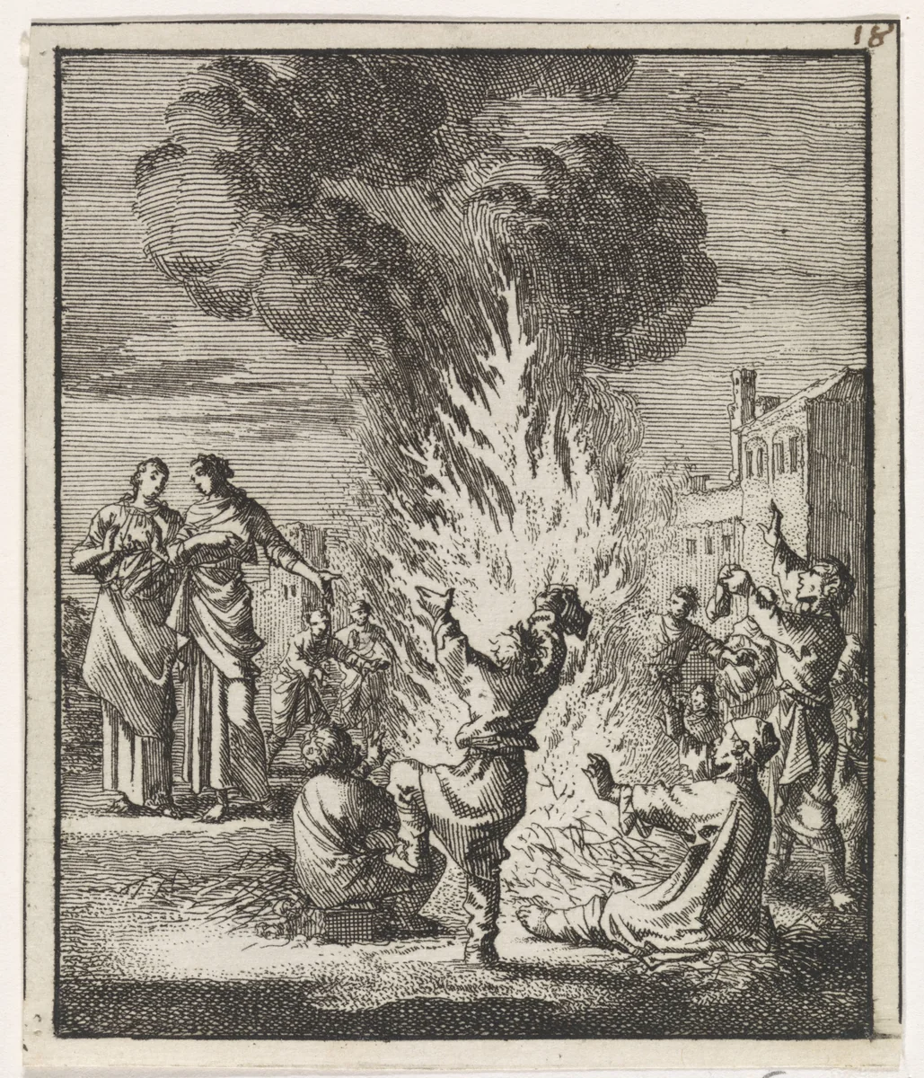 Kinderen dansend rond een opvlammend strovuur by Jan Luyken, print, 1704