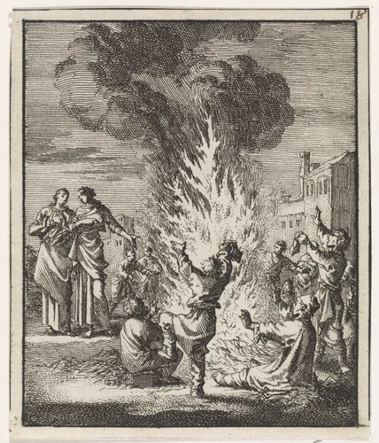 Kinderen dansend rond een opvlammend strovuur by Jan Luyken, print, 1704