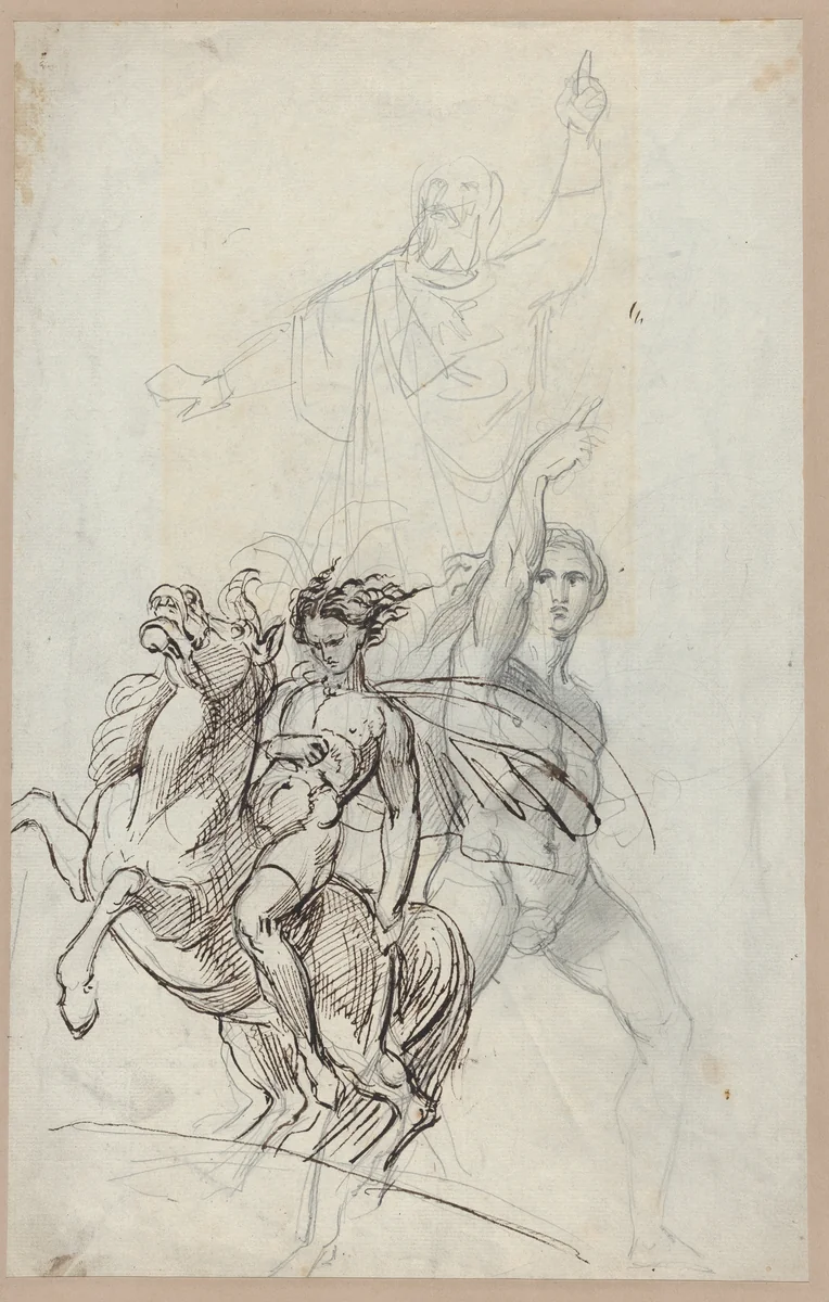 A nude youth on horseback, a male nude with raised arm, and a cloaked bearded man (recto). A sleeping girl and a man in medieval dress (verso) by Theodor Holst, drawing, 1830-1844
