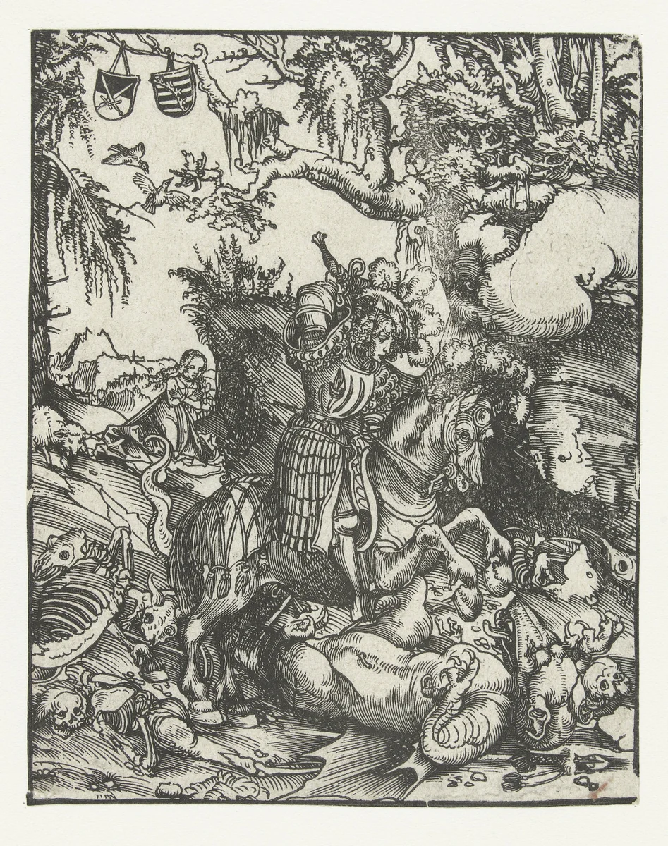 Heilige Joris (Georgius) doodt de draak by Lucas Cranach, print, 1482-1553