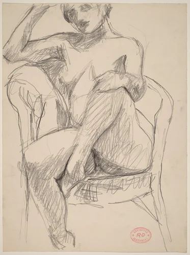 Untitled [nude seated with her left foot in chair seat] by Richard Diebenkorn, drawing, 1955-1967