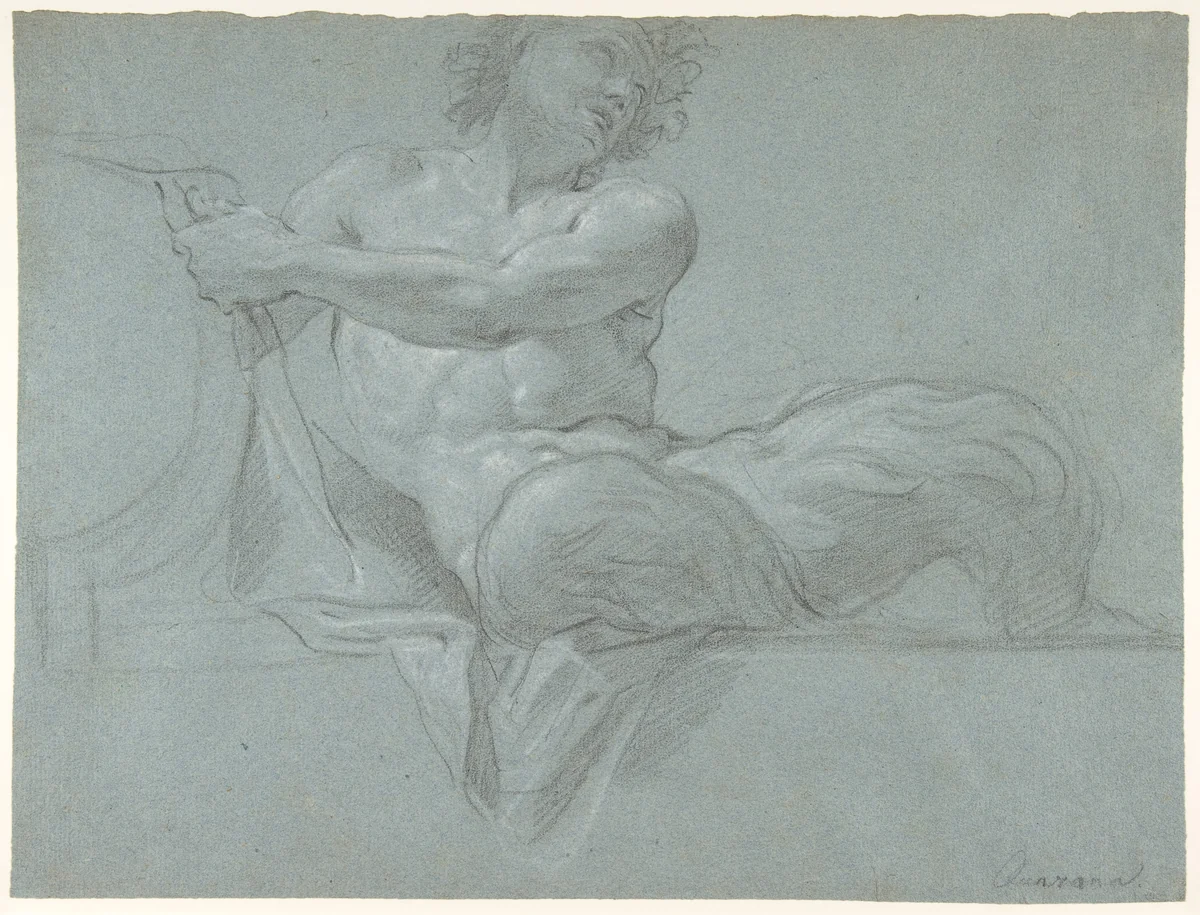Satyr Reclining on a Ledge, Facing Right (recto); Satyr Reclining on a Ledge, Facing Left (verso) by Jacopo Guarana, drawing, 1720-1808