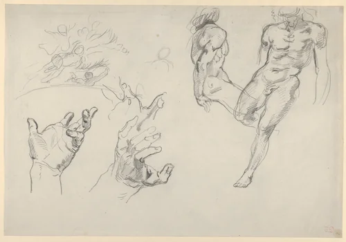 Studies of Hands and Figures for the Salon du Roi, Palais Bourbon by Eugène Delacroix, drawing, 1833-1838