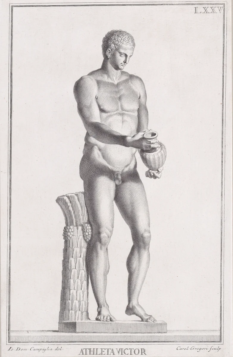 Plate LXXV (75): Male Athlete, from "Museum Florentinum" (Statuae antiquae dorum et virorum illustrium) by Carlo Gregori, print, 1734