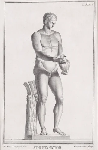 Plate LXXV (75): Male Athlete, from "Museum Florentinum" (Statuae antiquae dorum et virorum illustrium) by Carlo Gregori, print, 1734
