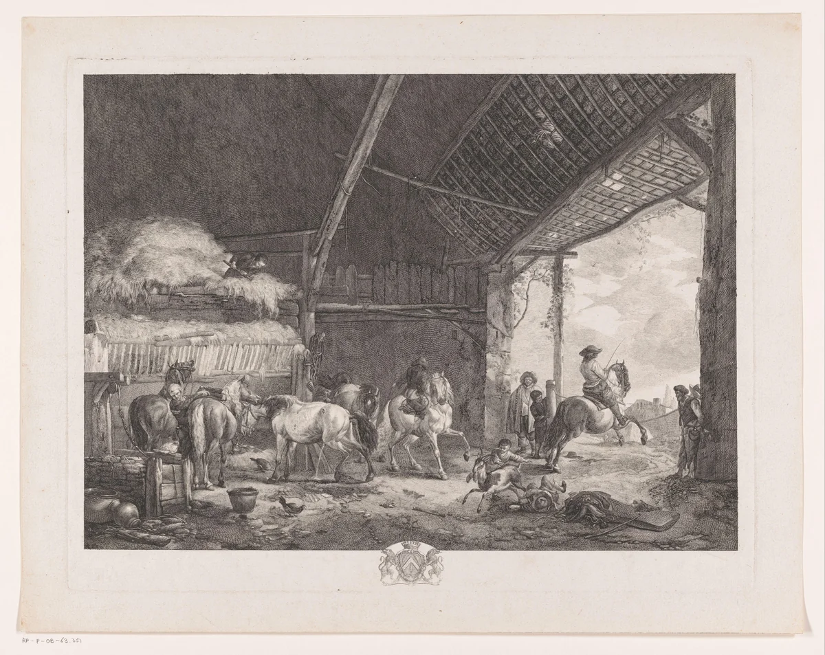 Figuren en paarden in de stal van het postkantoor by Jean Moyreau, print, 1753