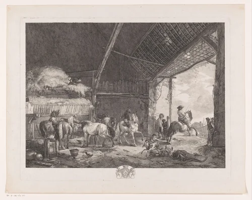 Figuren en paarden in de stal van het postkantoor by Jean Moyreau, print, 1753