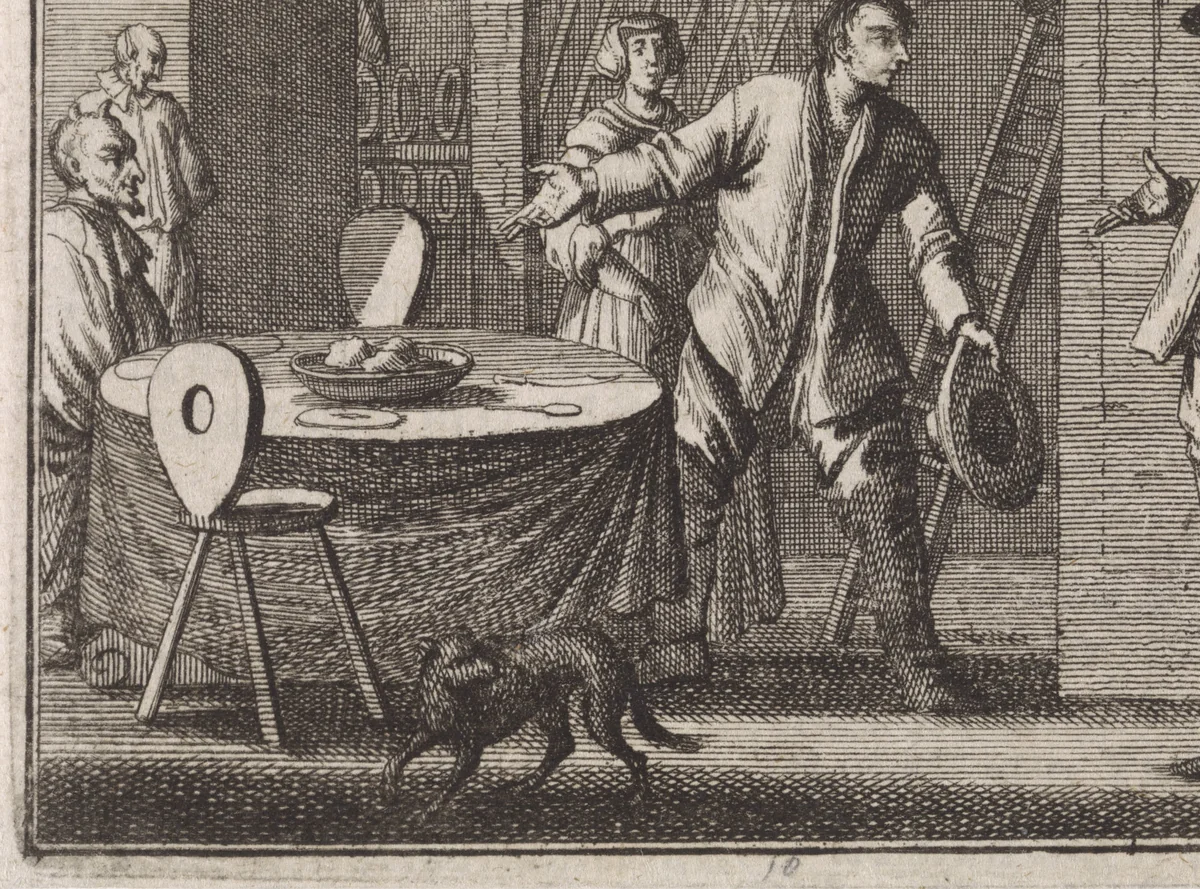 Boer ontvangt duivels in zijn huis by Caspar Luyken, print, 1704