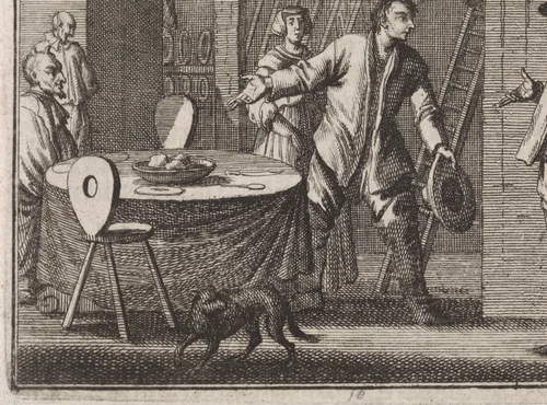 Boer ontvangt duivels in zijn huis by Caspar Luyken, print, 1704