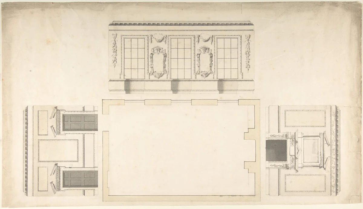 Room Design Showing Plan and Three Wall Elevations by anonymous, drawing, 1735-1765