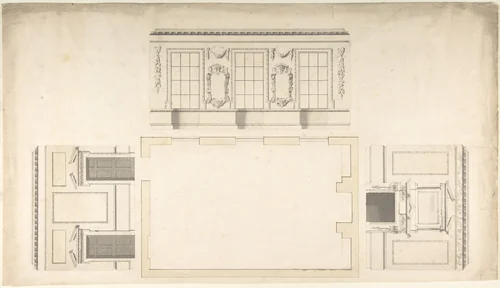 Room Design Showing Plan and Three Wall Elevations by anonymous, drawing, 1735-1765