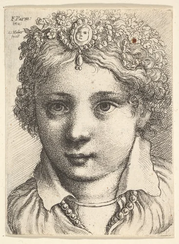 Head of a young girl wearing a jeweled headdress by Wenceslaus Hollar, print, 1640-1650