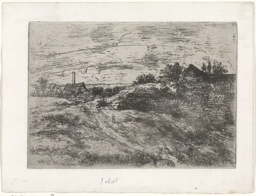 Landschap met enkele huizen by Alexander Schaepkens, print, 1830-1899