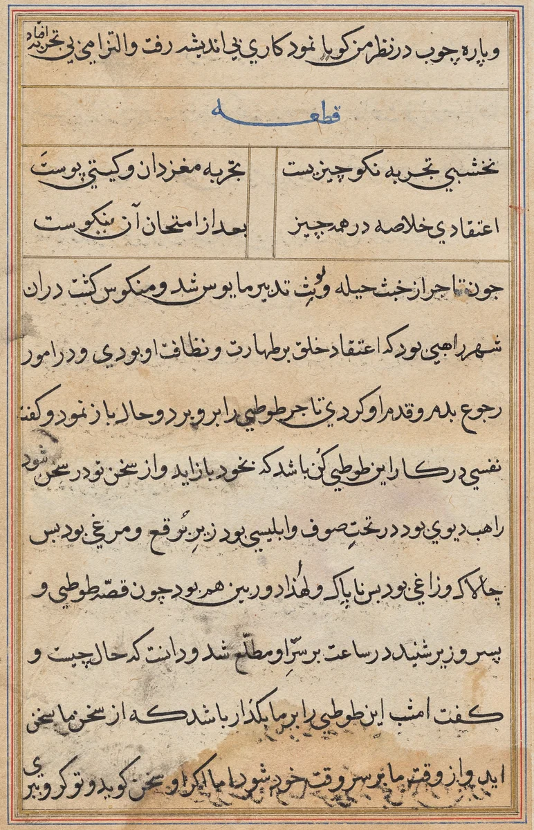 Page from Tales of a Parrot (Tuti-nama): text page by Unknown, painting, 1555-1565