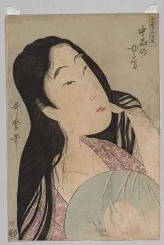 Bust of Woman with Loose Hair Holding Fan by Kitagawa Utamaro (喜多川歌麿), print, 1753-1806