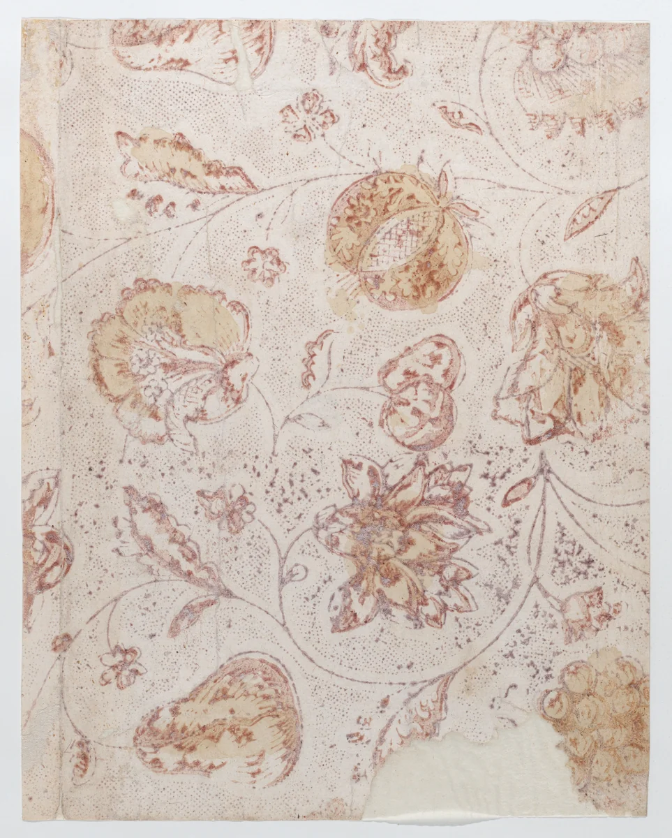 Sheet with overall floral, fruit, and dot pattern by anonymous, print, 1800-1900