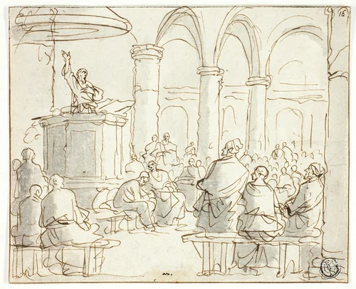 Man Preaching to Congregation by Jan Luyken, drawing, 1669-1712