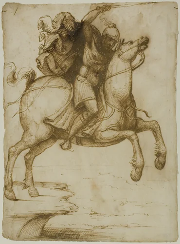 Marcus Curtius Leaping into the Abyss by Pseudo-Pacchia, drawing, 1501-1600