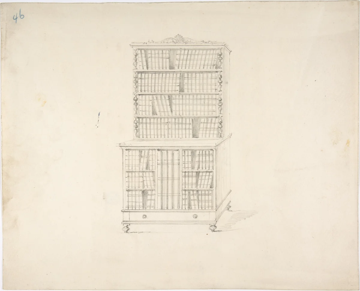 Design for a Two Tiered Book Cabinet with Turned Feet and Ornament (Verso: sketch) by anonymous, drawing, 1800-1850