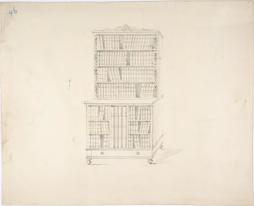 Design for a Two Tiered Book Cabinet with Turned Feet and Ornament (Verso: sketch) by anonymous, drawing, 1800-1850