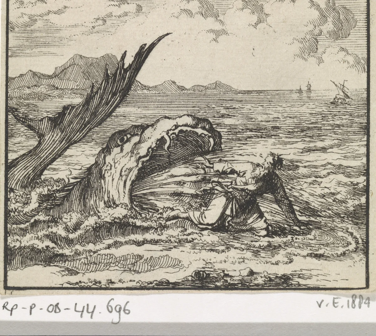 Jona uitgespuwd door de walvis by Jan Luyken, print, 1698