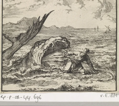 Jona uitgespuwd door de walvis by Jan Luyken, print, 1698