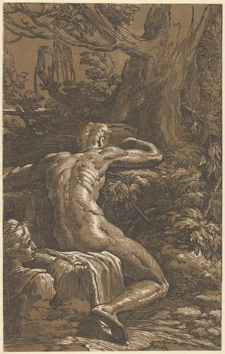 Man seated viewed from behind (Narcissus) by Antonio da Trento, print, 1522-1532