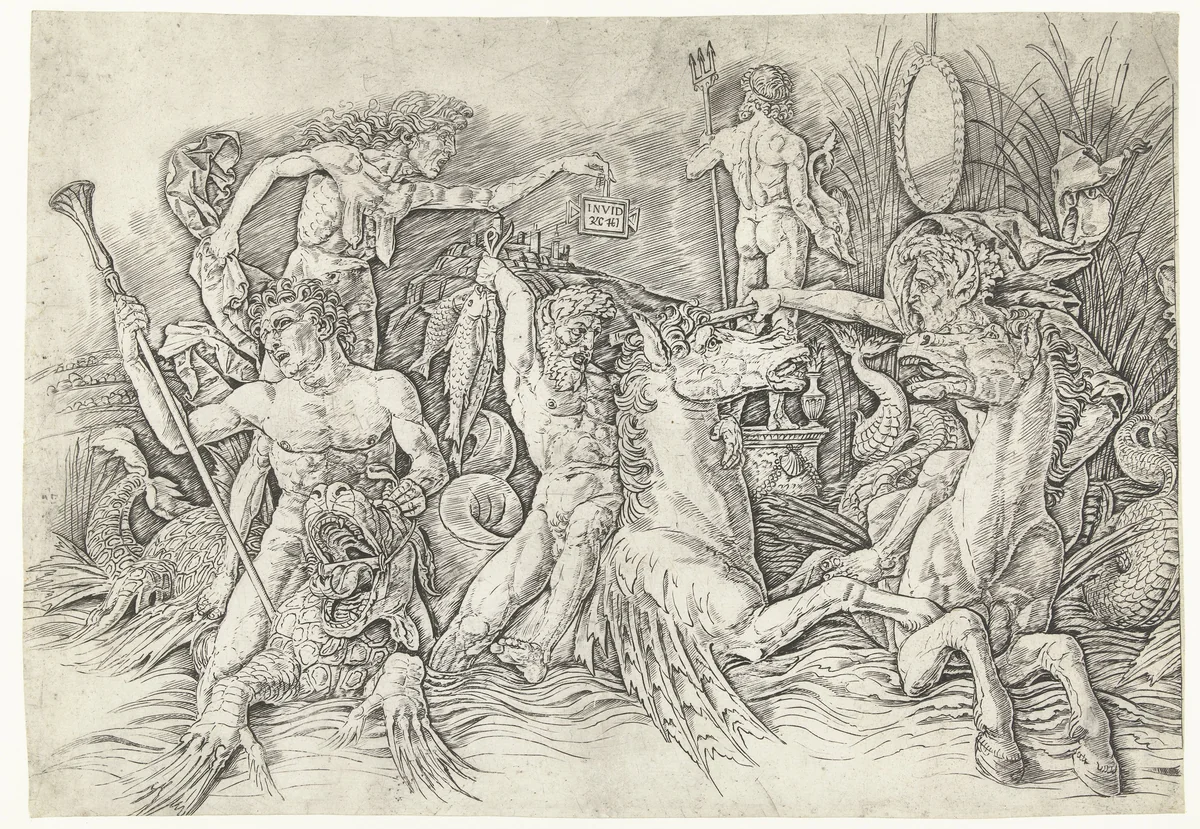 Gevecht tussen satyrs rijdend op hippocampussen en oude vrouw als personificatie van afgunst staand op rug van draak by Andrea Mantegna, print, 1473-1477