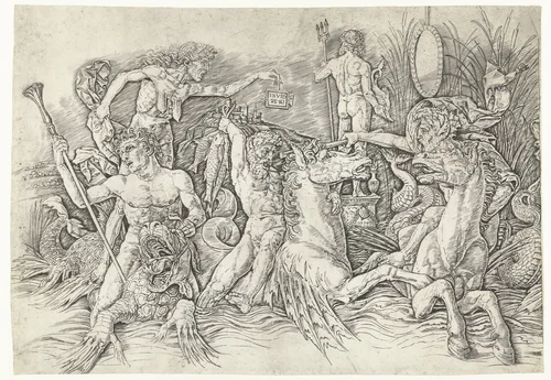 Gevecht tussen satyrs rijdend op hippocampussen en oude vrouw als personificatie van afgunst staand op rug van draak by Andrea Mantegna, print, 1473-1477
