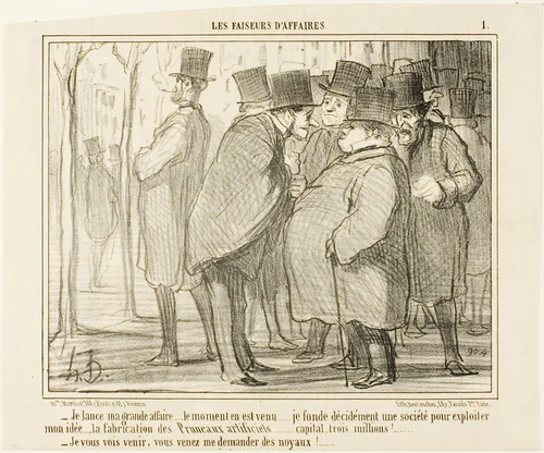 “- I'll go public with my business.... this is the right moment... I form a company with a capital of 3 Million Francs..... for the production of artifical plums!.... - I can already see you coming, you will ask me for the kernels,” plate 1 from Les Faiseurs D'affaires by Honoré-Victorin Daumier, print, 1856