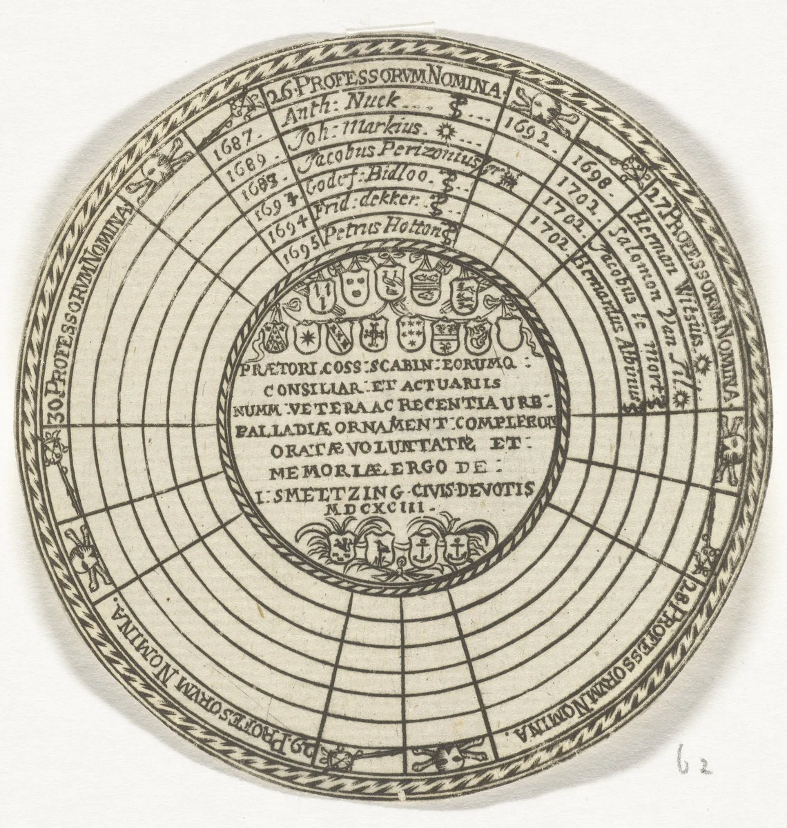 Penning van de Universiteit van Leiden, met ruimte voor de namen van de hoogleraren by anonymous, print, 1693-1720