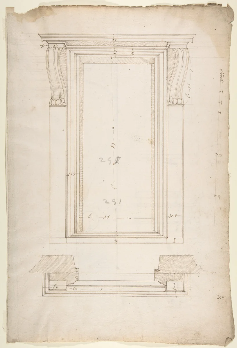 San Lorenzo, New Sacristy, portal, plan; elevation (recto) San Lorenzo, New Sacristy, portal, details (verso) by anonymous, drawing, 1500-1560