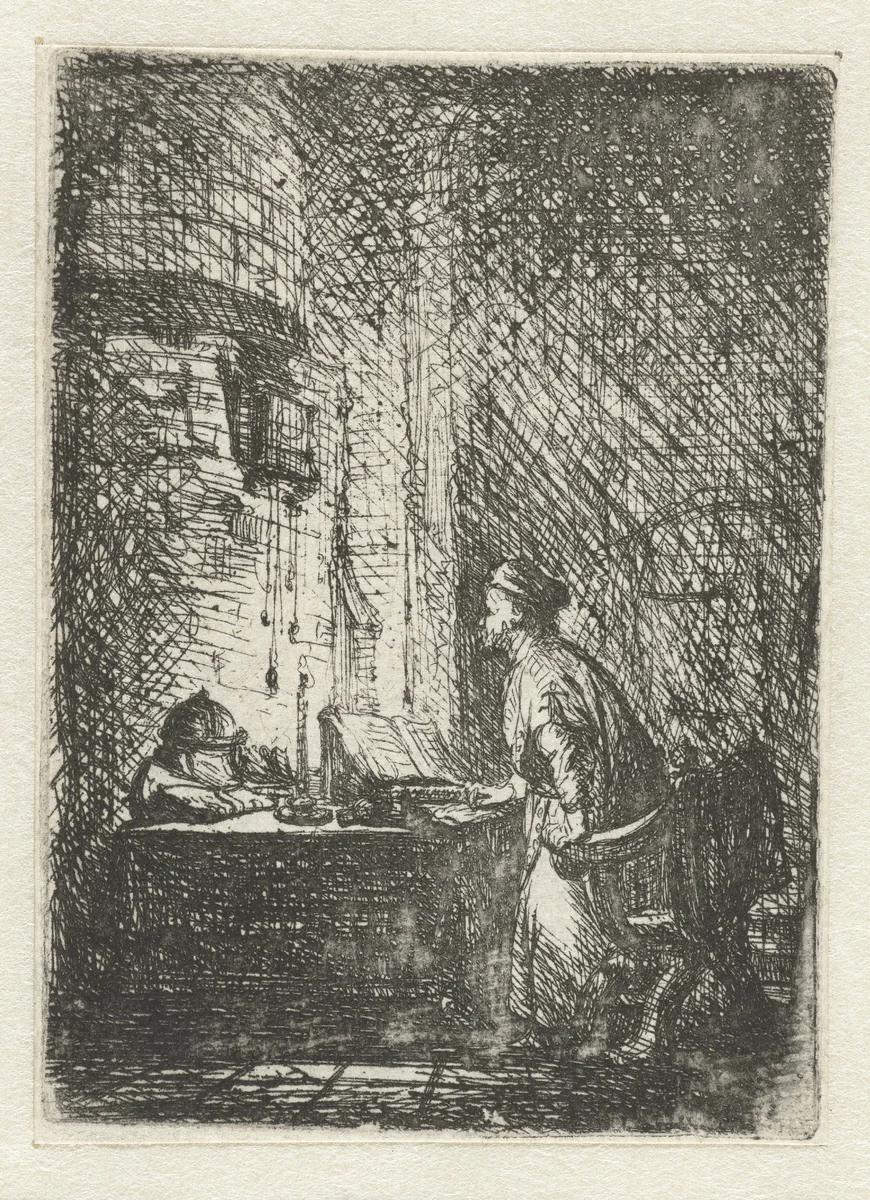 Geleerde in zijn studeervertrek by Jan Lievens, print, 1625-1674