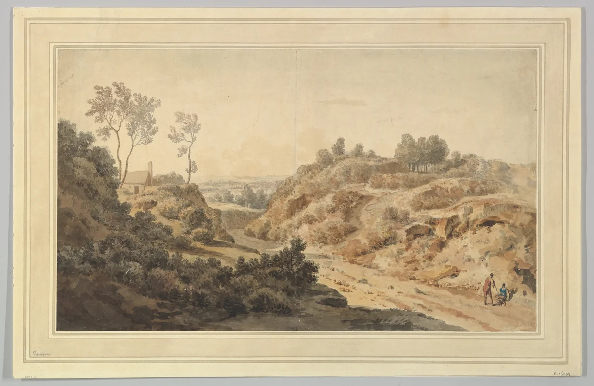 Hilly Landscape with Two Figures on a Road by William Taverner, drawing, 1720-1772