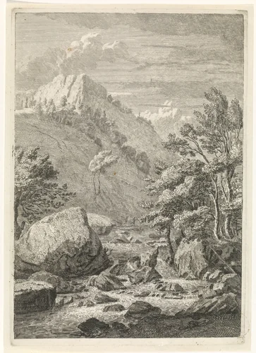 Ravijn met een brede waterval by Johannes Glauber, print, 1656-1726