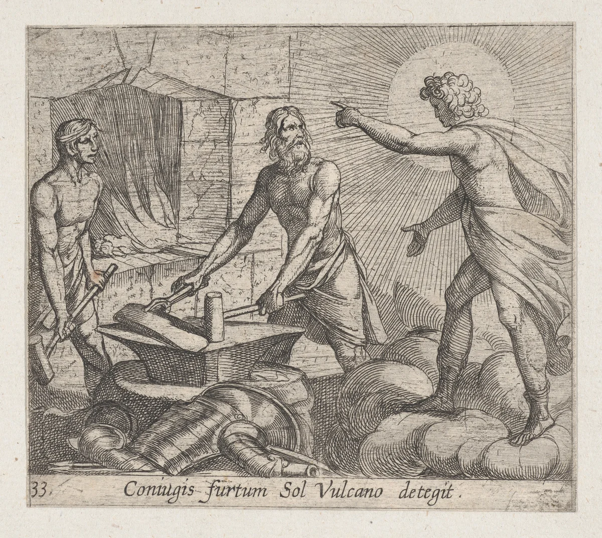 Plate 33: Apollo at Vulcan's Forge (Coniugis furtum Sol Vulcano detegit), from Ovid's 'Metamorphoses' by Antonio Tempesta, print, 1606