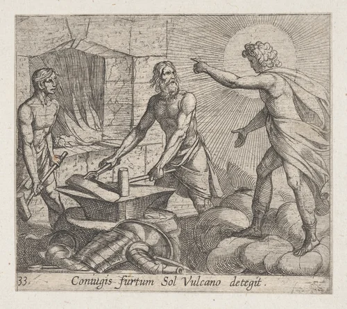 Plate 33: Apollo at Vulcan's Forge (Coniugis furtum Sol Vulcano detegit), from Ovid's 'Metamorphoses' by Antonio Tempesta, print, 1606