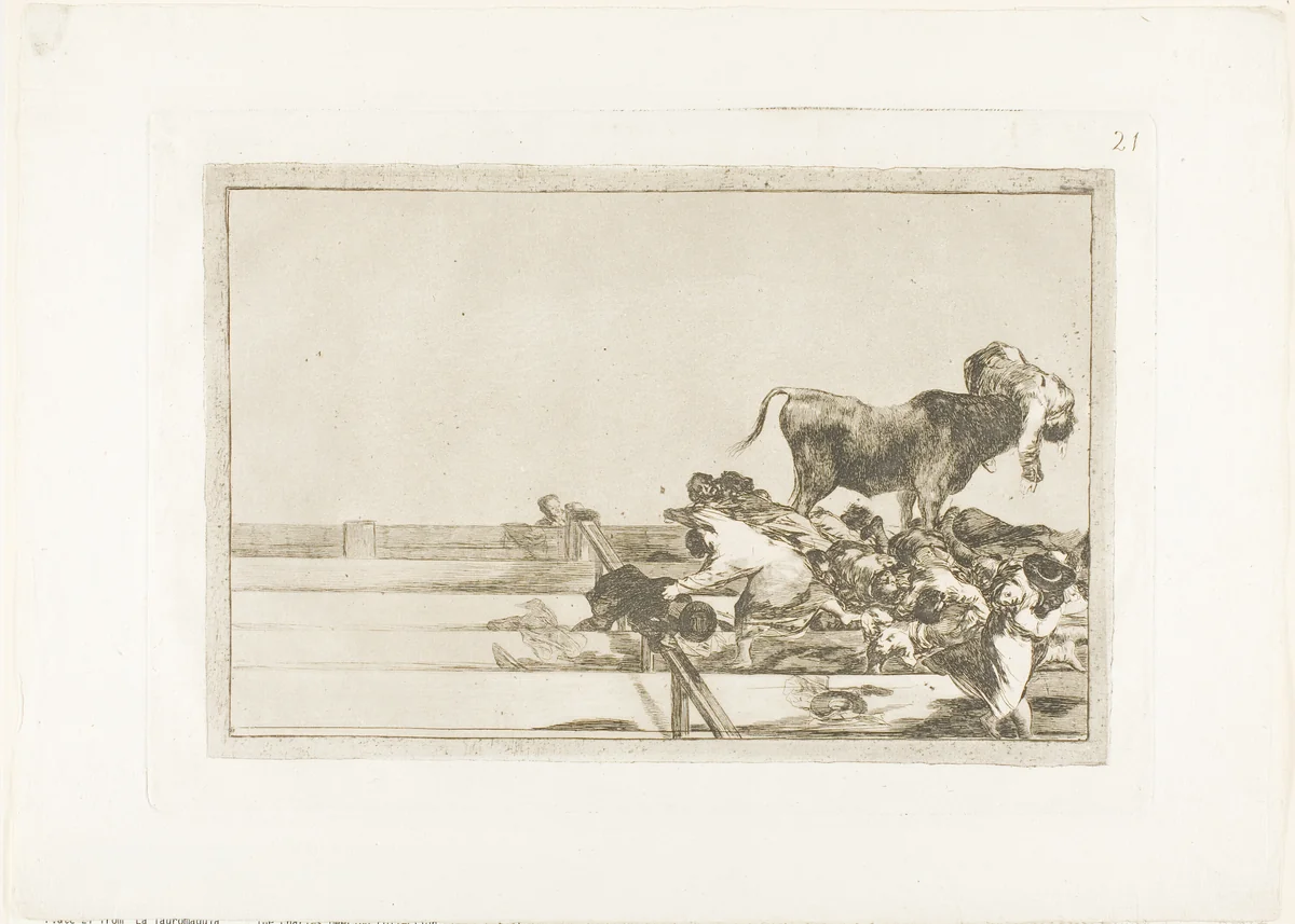 Dreadful events in the front rows of the ring at Madrid, and death of the mayor of Torrejón, plate 21 from The Art of Bullfighting by Francisco José de Goya, print, 1814-1816