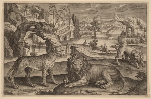 A Leopard and Two Lions by Adriaen Collaert, print, 1592-1602