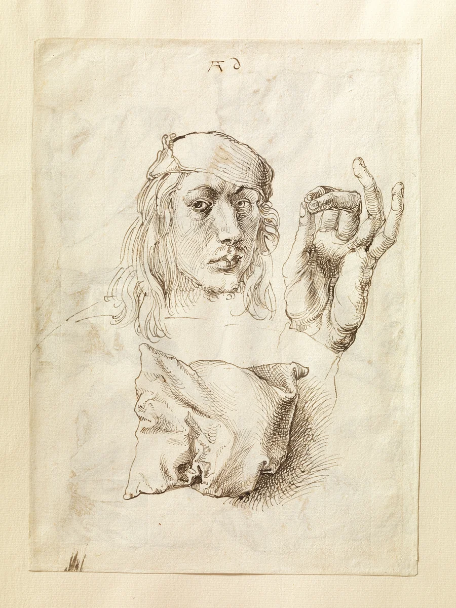 Self-portrait, Study of a Hand and a Pillow (recto); Six Studies of Pillows (verso) by Albrecht Dürer, drawing, 1493