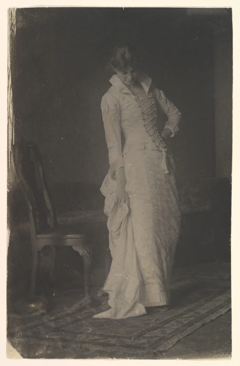 [Woman in White Laced-bodice Dress in Studio of Thomas Eakins] by Thomas Eakins, photograph, 1880-1889