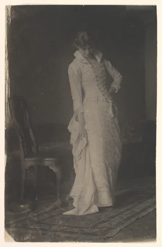 [Woman in White Laced-bodice Dress in Studio of Thomas Eakins] by Thomas Eakins, photograph, 1880-1889