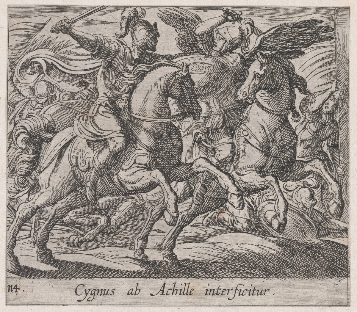 Plate 114: Achilles Battling Cygnus (Cygnus ab Achille interficitur), from Ovid's 'Metamorphoses' by Antonio Tempesta, print, 1606