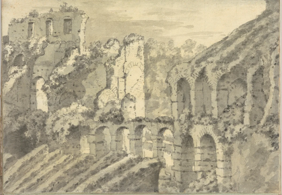 Part of the Colosseum at Rome (Smaller Italian sketchbook, leaf 11 recto) by Joseph Wright, drawing, 1774-1775